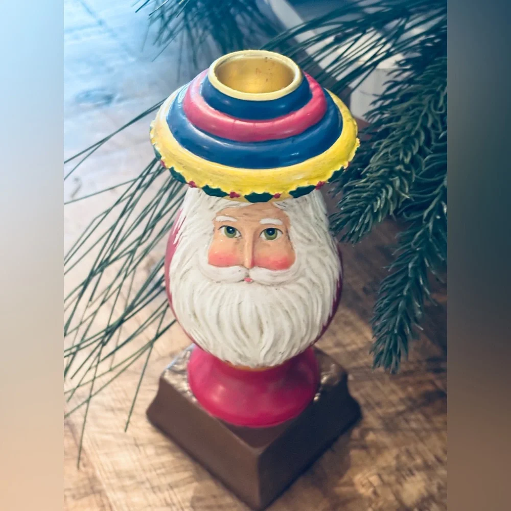 Santa Claus Wooden Folk Art Candle Holders. Vintage | 7” | Unique | Primitive